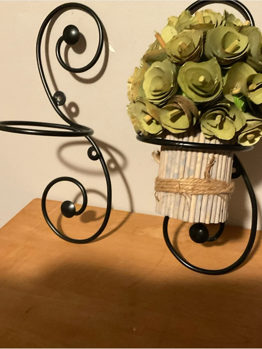 Olive Green Rose Wall Sconce Pair with Twine and Black Scroll Hangers